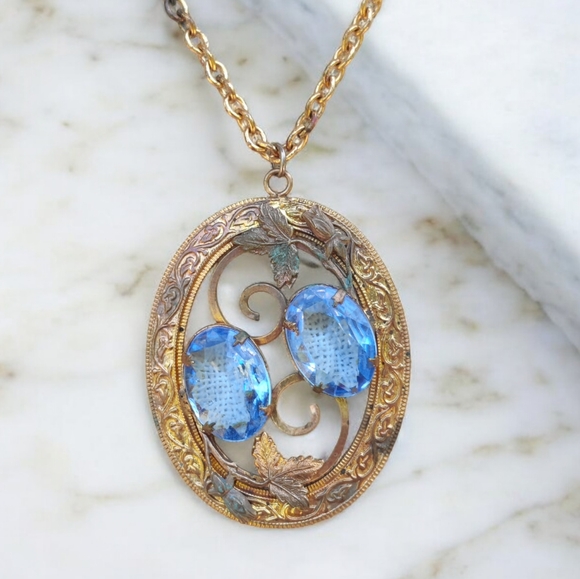 Antique Victorian Czech glass floral pendant necklace - Picture 3 of 10